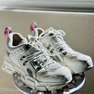 Gucci White Leather Reflective Chunky Sneakers Lug Sole 8.5